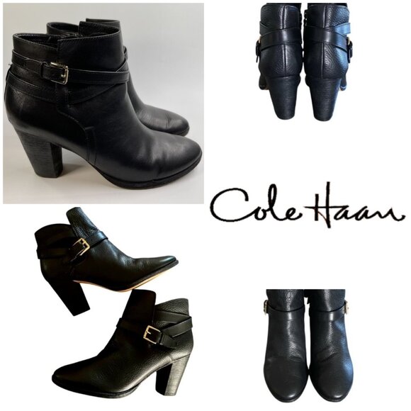 Lovely COLE HAAN Black Leather Heeled Side Zip Ankle Boots 'Grand Hayes' Sz 8 B - Picture 1 of 6